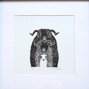 3 sheep: Original linocut numbered, engraved and printed by hand