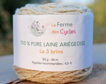 Pelote 100% pure laine locale française de brebis bio, teinture végétale naturelle, 3 brins, aiguilles 5, non traitée superwash