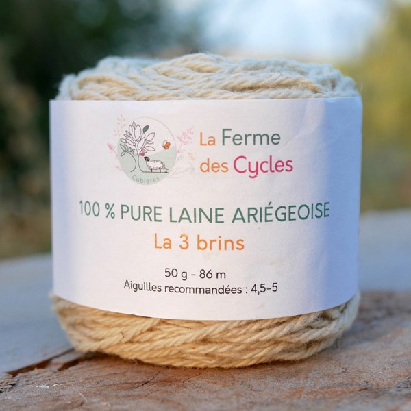 Ball of 100% pure local French organic sheep's wool, natural vegetable dye, 3 strands, needles 5, untreated superwash