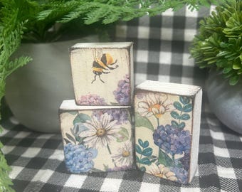 Mini hortensias de primavera, margaritas, flores, abejas, juego de 3 letreros de madera