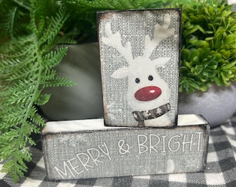 Reindeer Merry bright Christmas wooden block set 2 : Tier Tray shelf Decor