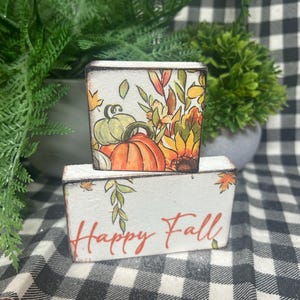Happy Fall rustic pumpkin mini wood Block sign set 2 : tier Tray autumn Decor