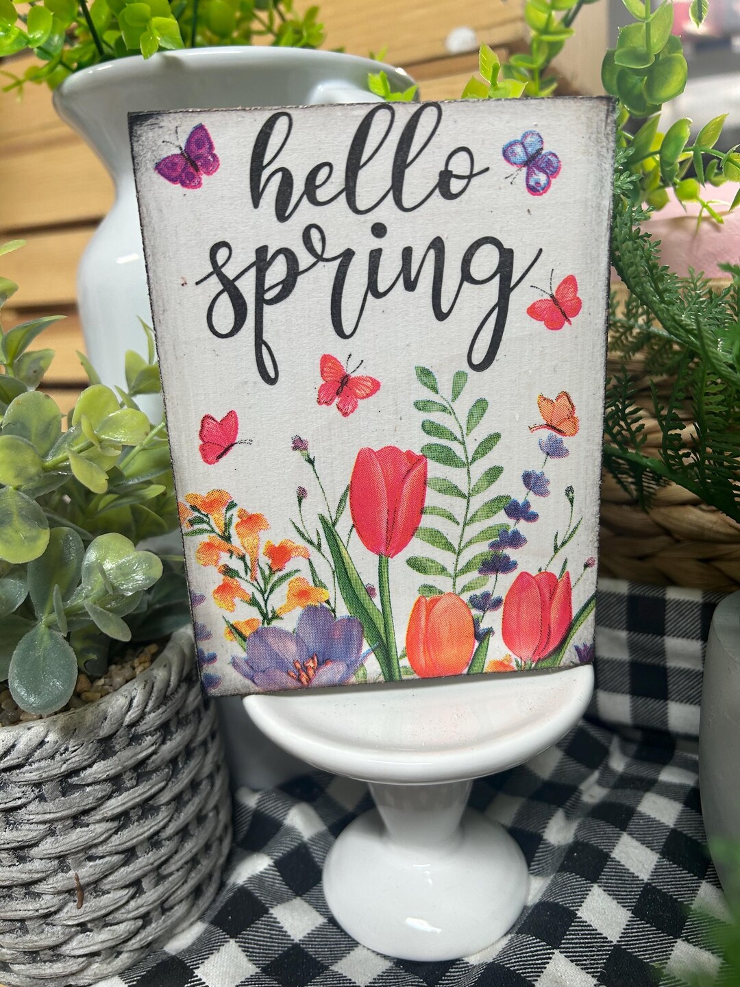Hello Spring Bright Tulip Flowers Wood Block Sign - Etsy