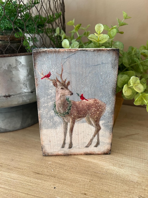 Deer and cardinals Christmas mini wooden block, tiny Tier Tray Decor