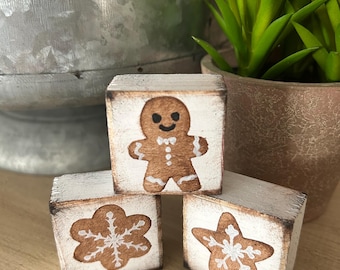 Gingerbread man cookie mini wooden block set 3 Christmas tiny Tier Tray Decor