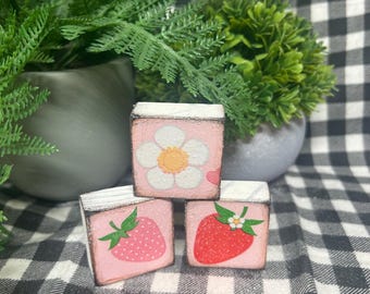 Pink red strawberry Daisy block stack set 3 summer tier tray decor wood signs