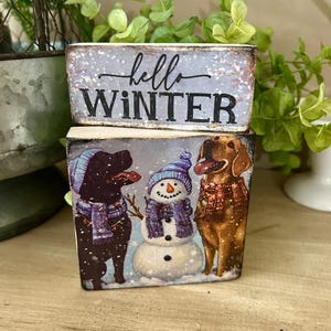 May include: Two wooden blocks stacked together. The top block has the words "hello WINTER" in black and white. The bottom block features a snowman and two dogs wearing winter scarves and hats. The dogs are black and brown.