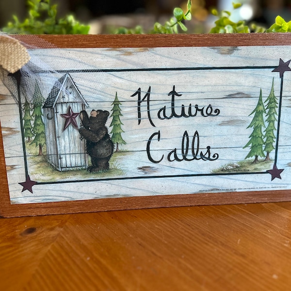 Nature calls bear outhouse country bathroom wooden hanging wall sign wildlife animal theme art