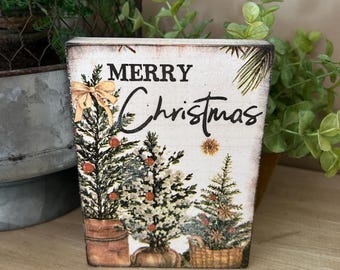 Merry Christmas farmhouse trees wooden block, tiny Tier Tray Decor