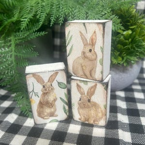 May include: Three wooden blocks stacked, each featuring a watercolor illustration of a brown bunny with long ears. The blocks are decorated with green leaves and yellow flowers, set against a white background. The blocks are on a black and white checkered surface.