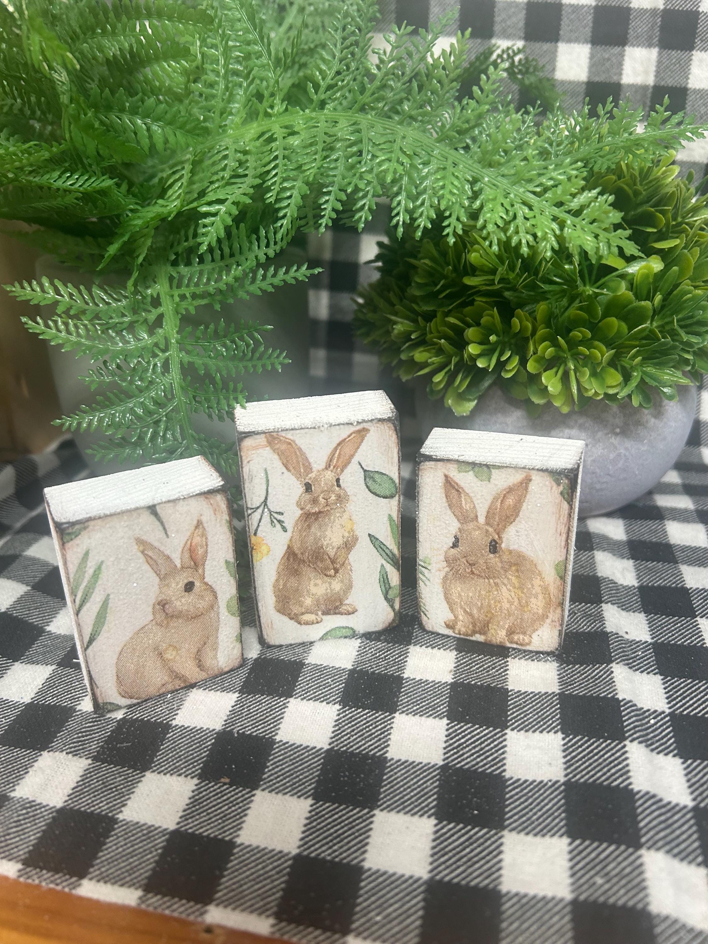 Block Rabbits Wood Bunny Rabbit Mini Blocks Set 3 Bunnies Spring Easter Wood Tiny Signs ...