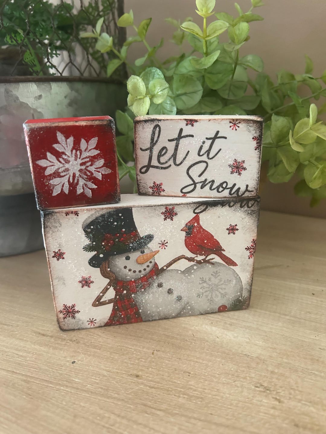 Let It Snow Snowman Mini Wooden Block Set 3 Christmas Tiny Tier Tray ...