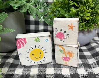 Summer block set 3 smiling sun drink crab  tier tray wooden block sign
