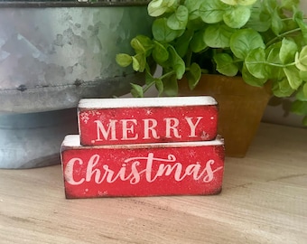 Red Merry Christmas mini wooden stacking block set of 2