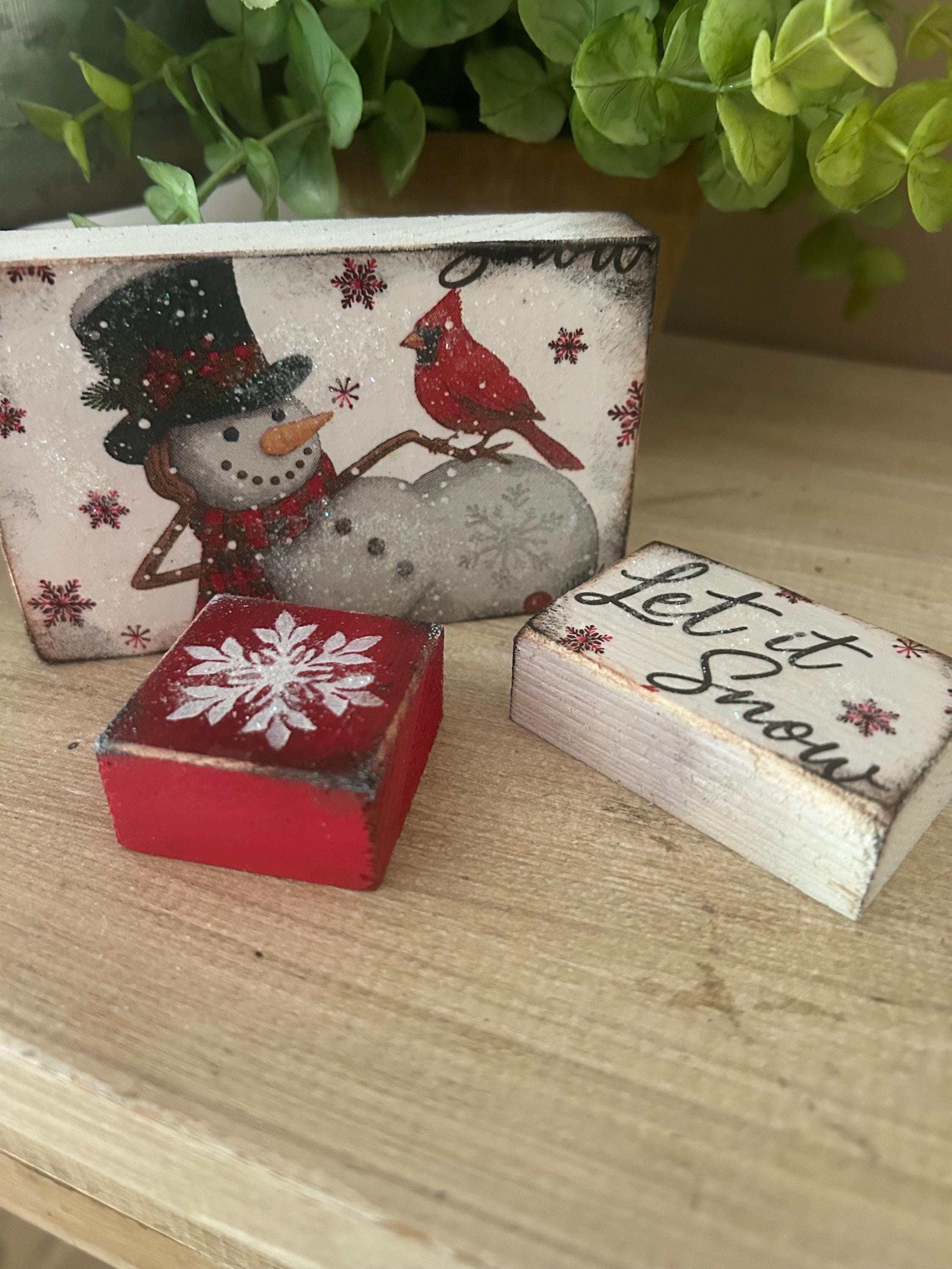 Let It Snow Snowman Mini Wooden Block Set 3 Christmas Tiny Tier Tray ...