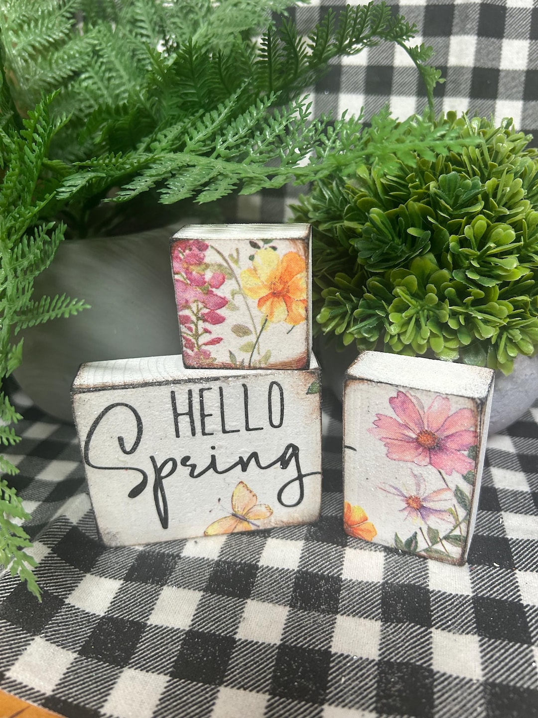 Hello Spring Block Decor Mini Hello Spring Floral Stacking Set 3 Wood Block Signs - Etsy