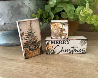 Merry Christmas mini wooden block set 3: tiny Tier Tray Decor