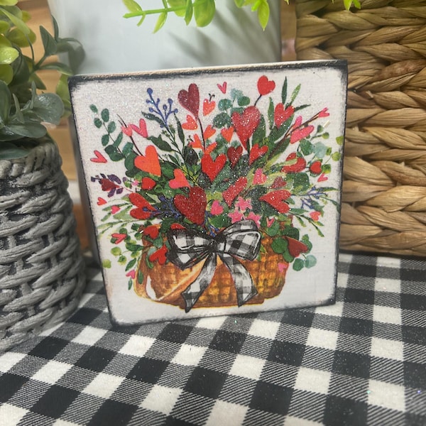 Flowering heart basket Valentine mini thick wood stacking block sign shelf tray decorations