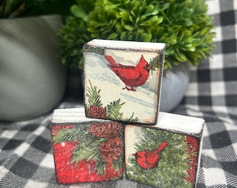 Red cardinal bird pinecone rustic Christmas tiny wooden sign block set of 3