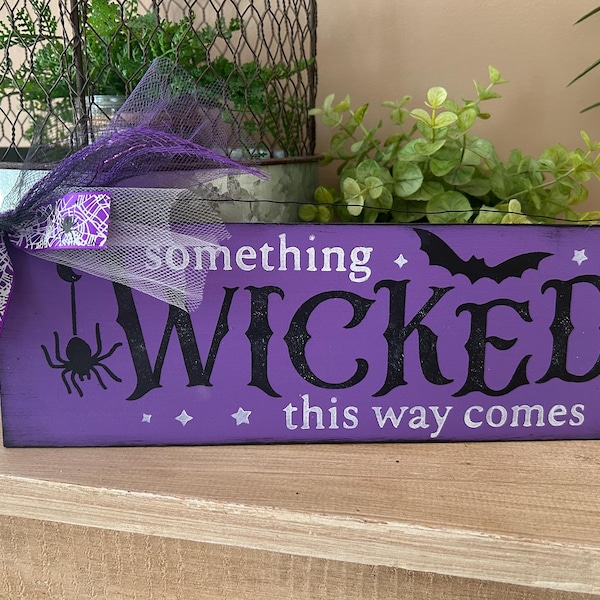 Something Wicked pink Halloween fall decorations hanging wooden sign
