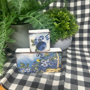 Blueberry berry basket block stack set 2 summer tier tray decor wood signs