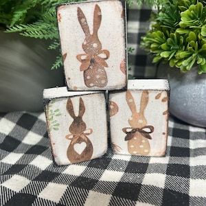 May include: Three wooden blocks with bunny designs. Each block features a brown bunny silhouette with a bow or heart on a white background. The blocks are arranged on a black and white checkered surface, with greenery in the background.