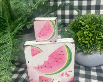 Pink Watermelon Summer wood block sign set 2