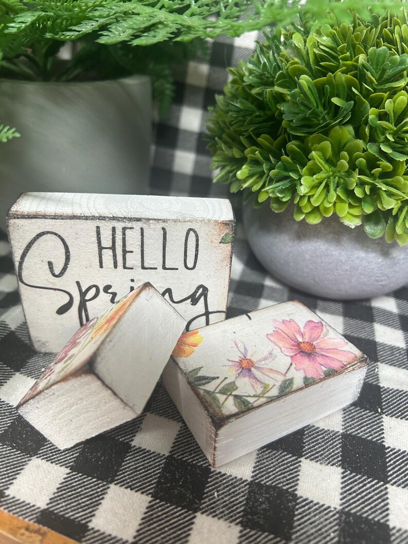 Hello Spring Block Decor Mini Hello Spring Floral Stacking Set 3 Wood Block Signs - Etsy