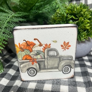 Fall farm truck pumpkins leaves mini wood Block sign : tier Tray autumn Decor