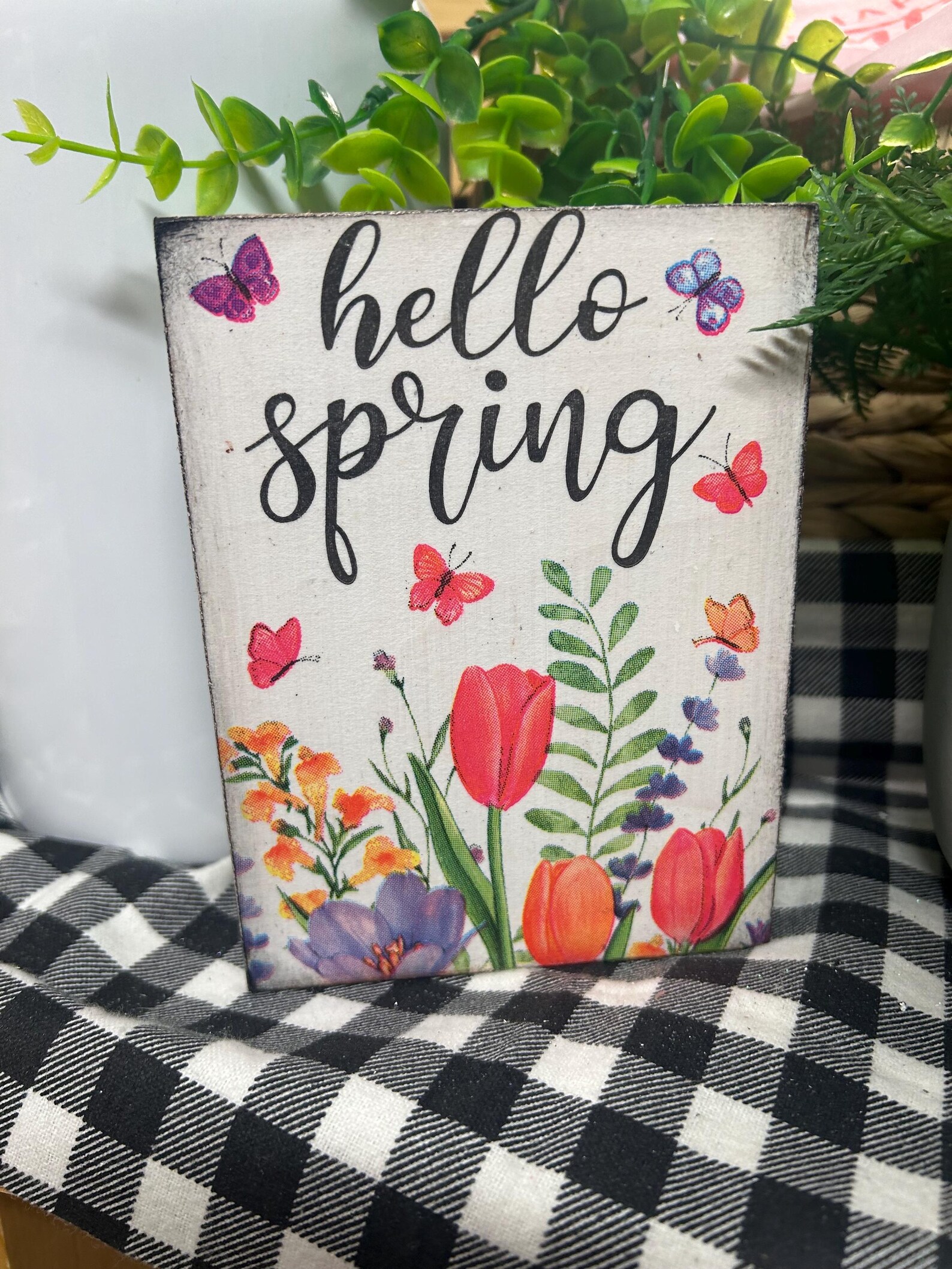 Hello Spring Flower Sign Hello Spring Bright Tulip Flowers Wood Block Sign - Etsy