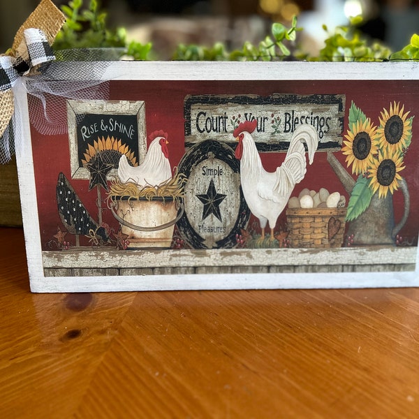 Rooster sunflower rise shine count blessings country kitchen sign