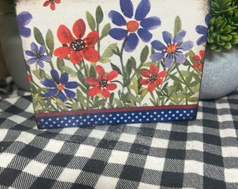 Patriotic red white blue flowers blue star border wood block Summer tier tray