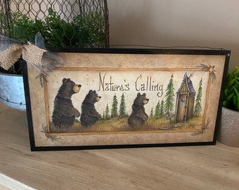 Bear Bathroom decor outhouse Signs Nature's Calling Black Bare Bottoms Welcome Bath art