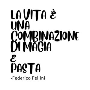 Può includere: Testo in bianco e nero su sfondo bianco. Il testo recita "La vita è una combinazione di magia e pasta -Federico Fellini".