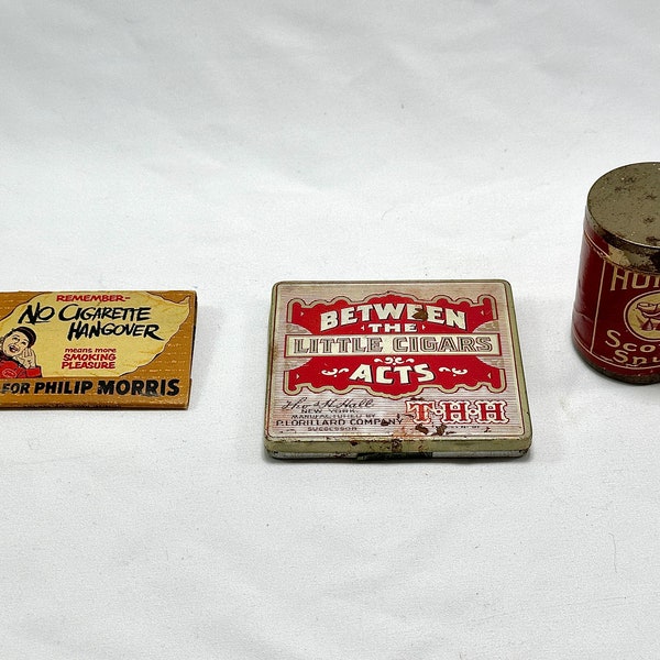 3 pieces of vintage tobacco advertising - matchbook, cigar tin, snuff box