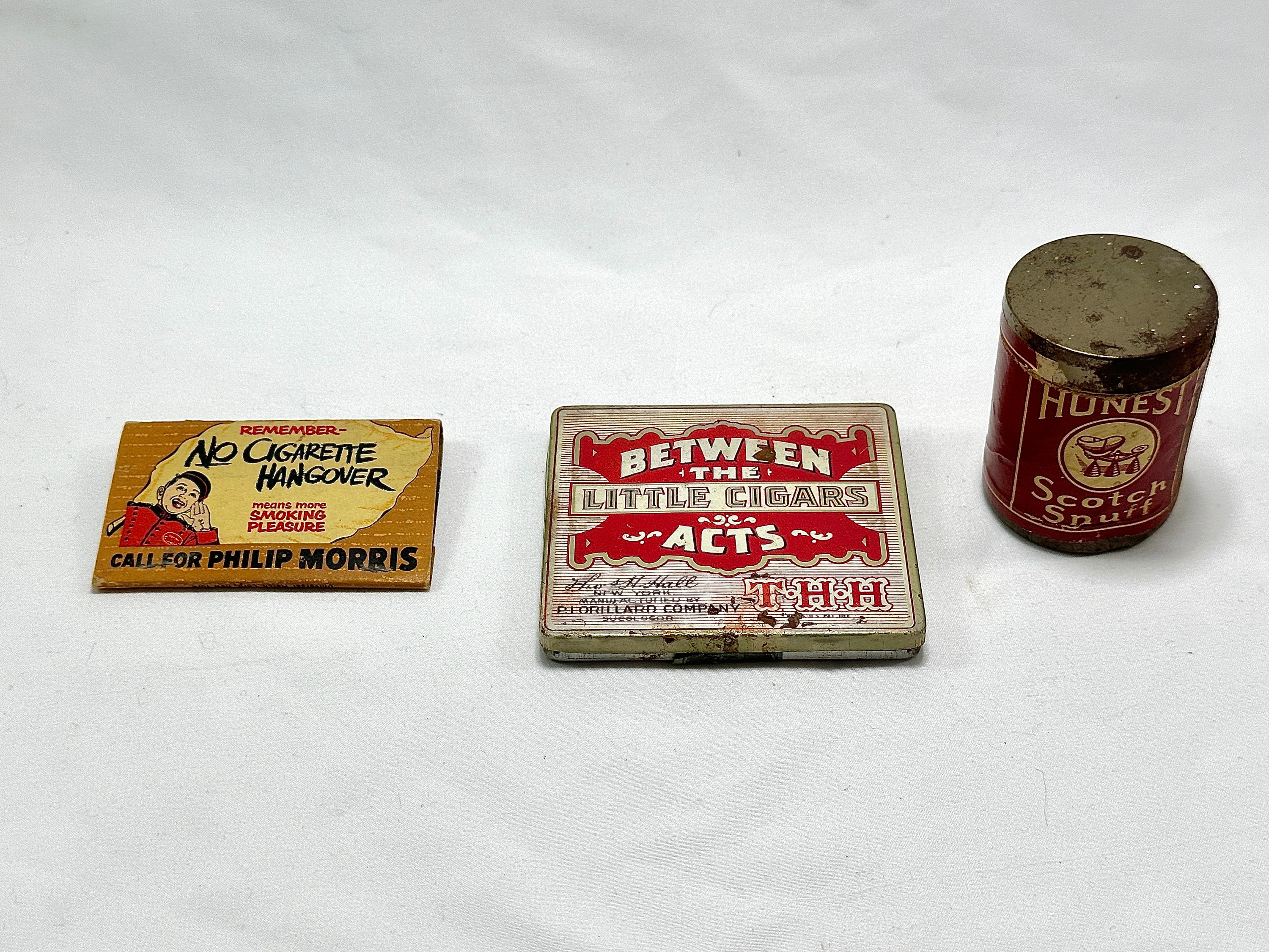 3 Pieces of Vintage Tobacco Advertising - Matchbook, Cigar Tin, Snuff Box