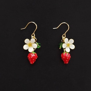 Strawberry Dangle Earrings,Fruit Enamel Drop Earrings,White Flowers Long Earrings,Sweet Style Earrings, Jewelry Dainty Cute Dangle Earrings