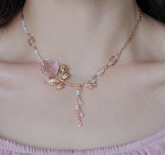 Pink Rose choker necklace/Princess/fairy/handmade/magical/dreamy/flower/angelic/zircon/bestgift