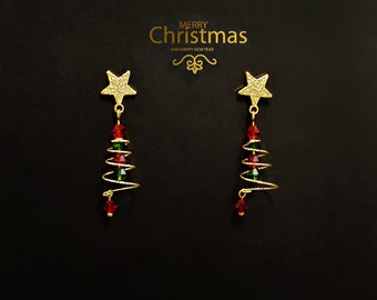 Crystal Christmas Tree Earrings ,Green and Red Christmas Earrings, Swarovski Crystal Holiday Earrings, Holiday Tree Earrings 14K Gold Filled