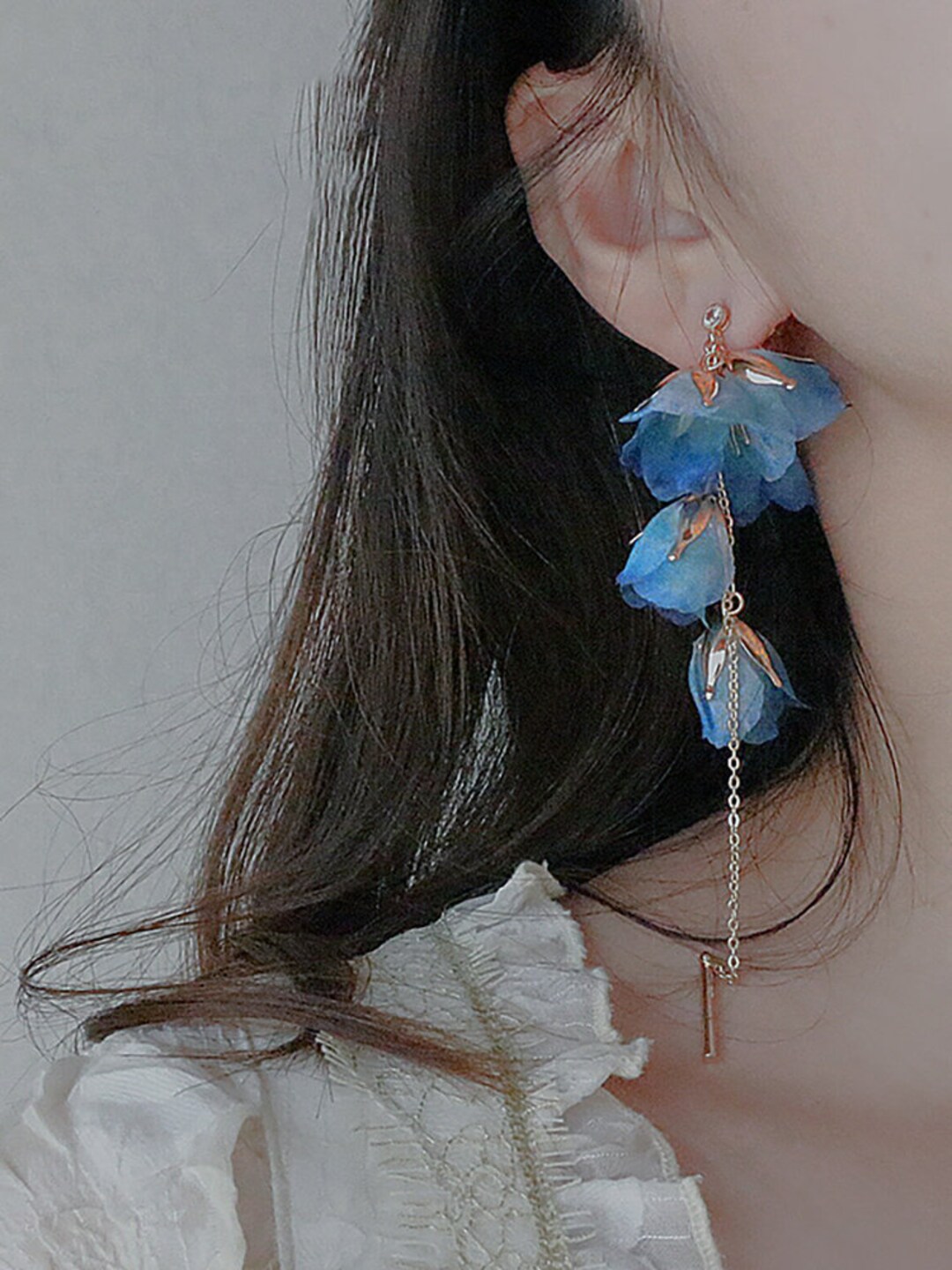 Blue Petal Flower Earrings, Petal Earrings, Flower Studs, Boho Flower