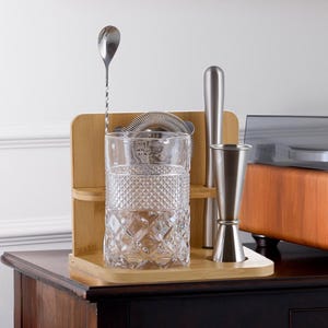 24 Oz Crystal Cocktail Mixing Glass with Bamboo Stand & Bar Tools | Bartender Gifts | Mixology | Bartender Kit