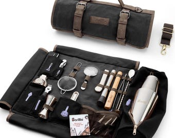 Portable Bartender Kit: 17-Piece Travel Bar Set, Black Waxed Canvas Roll | Cocktail Shaker Set | Bartender Gifts