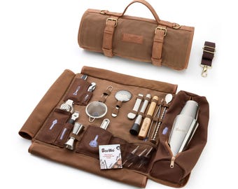 Portable Bartender Kit: 17-Piece Travel Bar Set, Waxed Canvas Roll | Cocktail Shaker Set | Bartender Gifts