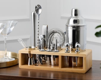 23-Piece Bartender Kit: Stainless Steel Cocktail Shaker Set with Bamboo Stand