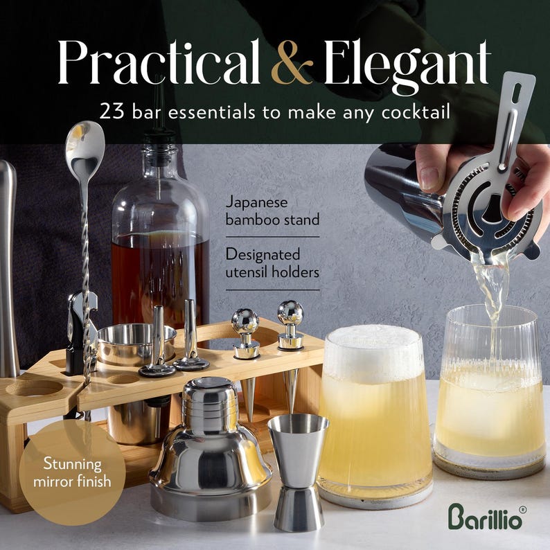 Barillio Bartender Kit – 23-Piece Stainless-Steel Cocktail Shaker Set with Premium African Mahogany Stand | Martini Barware Mixing Tools for Home Bartending | Gift Set - Thumbnail 4