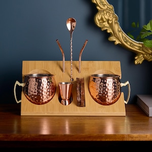 Stylish Copper Moscow Mule Mugs Set With Stand - | Cocktail kit | Moscow Mule Mug | Moscow Mule Gift Set | Bartender Gift | Bartender Kit