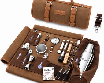 May include: A brown canvas and leather roll-up bartender kit with a handle and buckles. The interior features slots for stainless steel tools including a shaker, jigger, strainers, muddler, and spoons, with the Barillio logo and a recipe guide.