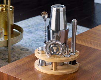 Bartender Kit with Bamboo Stand: Stainless Steel Cocktail Shaker Set