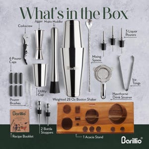 May include: A complete bar tool set, including a weighted 28 oz Boston shaker, mixing spoon, Hawthorne drink strainer, and ice tongs. The set also includes a corkscrew, jigger, and a wooden acacia stand. The text "What's in the Box" is at the top.