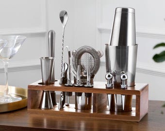Kit de coctelería de 22 piezas con soporte de madera de acacia: juego de coctelería de acero inoxidable.